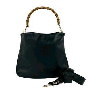 GUCCI Vintage Bamboo Leather 2-Way Handbag Tote Bag Shoulder Black 04231